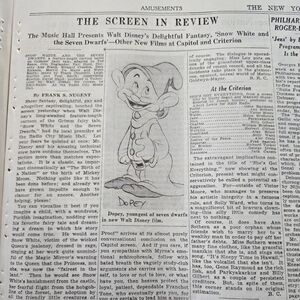 1938 NY Times Newspaper Walt Disney SNOW WHITE Movie Premiere 1st Review DOPEY